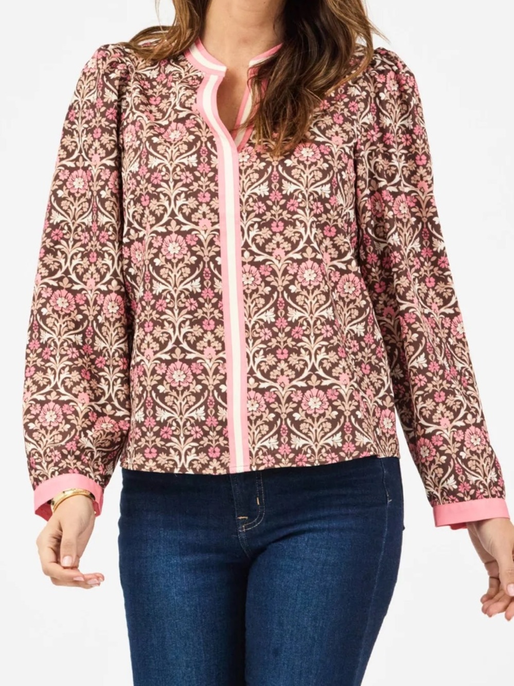 Mary Square Coral & Brown Floral Top with Coral & White Banded Neckline - Picture 3 of 16